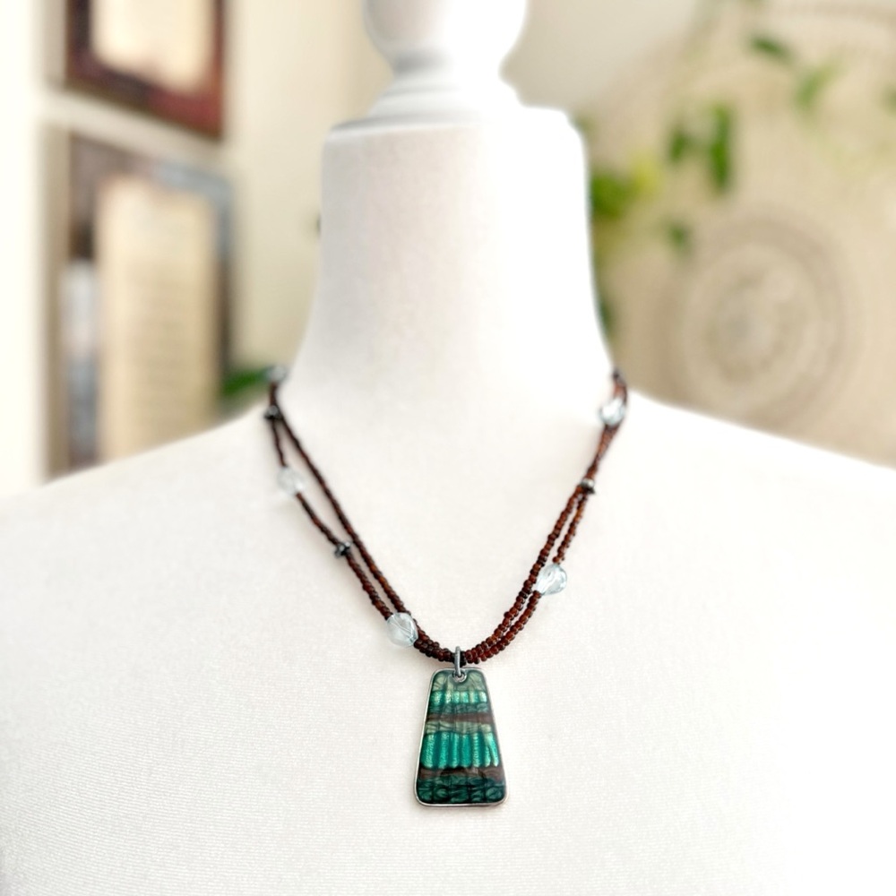 Kenneth Cole Green Inlay Pendant Necklace Seed Beads 16” + 3” Extender Y2K Boho - Picture 6 of 8